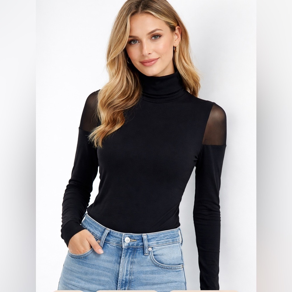 Evereve Black Turtleneck Long Sleeve Top Mesh Shoulder XS